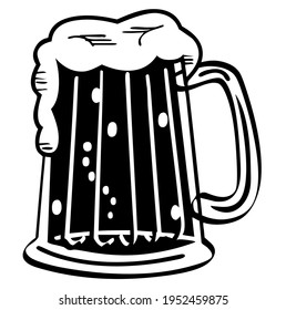 Muñeca de cerveza de vidrio, jarra de cerveza con espuma, bebida alcohólica, símbolo de cervecería o cervecería, vector, ilustración, en color blanco y negro, aislada en fondo blanco