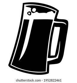Glass mug of beer, jug of beer with foam, alcoholic beverage, brewery or beer party symbol, vector, illustration, in black and white color, isolated on white background