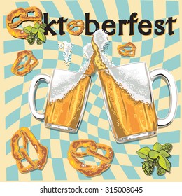 Glass mug of beer pretzel and hop branch on  Oktoberfest poster vector illustration