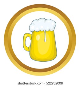 Glass mug of beer vector icon in golden circle, cartoon style isolated on white background