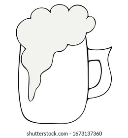Glass mug with beer. Vector illustration. Fresh foamy drink. Outline on an isolated background. Sketch. Doodle style. Coloring book for children. St.Patrick Day. Idea for book, web design, menu.