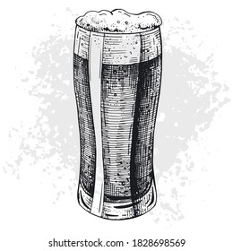 Glass mug with beer. Vector illustration of a soft foam drink. Hand-drawn sketch. Engraving style. For decoration holiday posters, advertising, menus, packaging. Non alcoholic drink. Vintage drawing