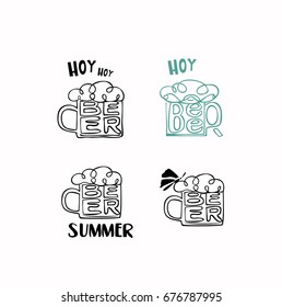 Glass mug of beer, vector illustration for your design. With text "beer" inside. Vector set.
