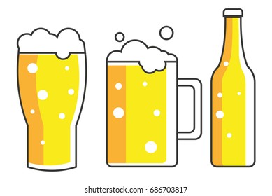 Glass, mug and a bottle of beer. Vector flat illustration