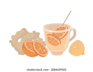 Glass mug. Citrus tea for immunity. Antiflu. Ginger, lemon. Isolated vector colorful element. 