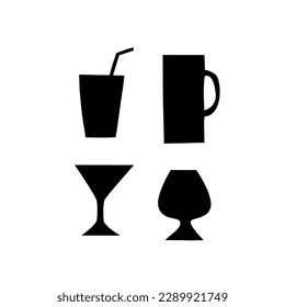 Glass, mug, glass, cocktail. Vector set. Black on white. Bar, restaurant, cafe. Festive menu design, signboards, design, decor. Minimalism, silhouette, hand drawing. Eps10