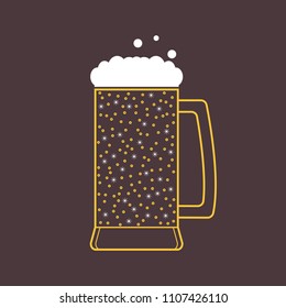 Glass mug with cold beer with bubbles, white foam and snowflakes. Fizzy cold beer. Transparent flat icon. Vector isolated illustration. 