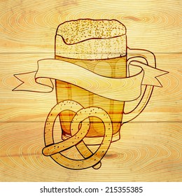 Glass mug of cold beer with foam and pretzel on wooden background vector illustration.
