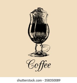 Glass mug, cup of coffee. Vector frappe, cappuccino etc with foam illustration. Hand drawn sketch of soft drink for restaurant, bar, cafe menu design, logo etc.