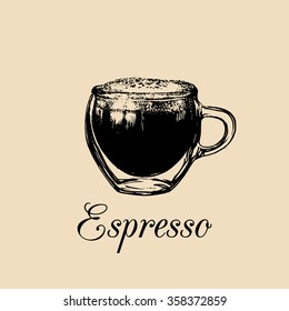 Glass mug, cup of coffee. Vector espresso illustration. Hand drawn sketch of soft drink for restaurant, bar, cafe menu design, logo etc.
