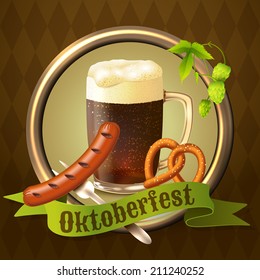 Glass mug of dark beer with sausage pretzel and hop branch Oktoberfest poster vector illustration