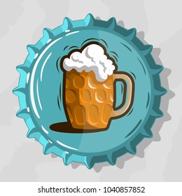 Glass Mug Of Draft Beer With Foam On Top View Beer Bottle Cap. Vector Image.