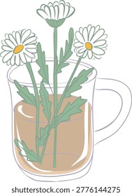 A glass mug filled with herbal tea and a fresh bouquet of daisies, rendered in soft, natural colors.