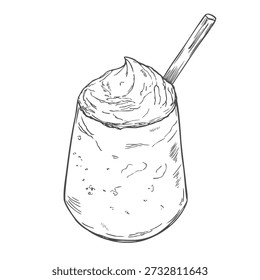A glass mug filled with a matcha latte, topped with whipped cream hand drawn vector illustration