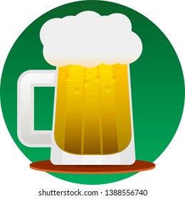 glass mug with frothy beer on a stand against the background of a green circle. flat icon. vector