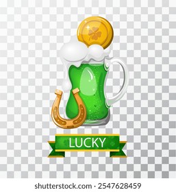 Glass mug with green beer inscription luck. Hand drawing. Isolate on a white background. Vector illustration.