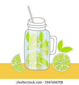 Glass mug with green cocktail. Lime and mint. Hand drawn sketch isolated. Infused water with fruits on table. Delicious healthy drink. Bright summertime beverage Vector doodle for cafe menu, wallart.