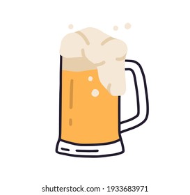 Glass mug with handle full of light beer with foam and bubbles. Cold refreshing alcoholic drink. Pint of golden beverage with froth. Colored flat vector illustration of lager isolated on white