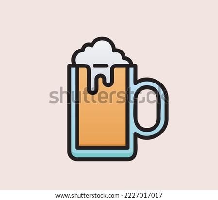 Glass mug with handle full of light beer with foam and bubbles cold refreshing alcoholic drink pint of golden beverage with froth colored flat vector illustration isolated on light pink background