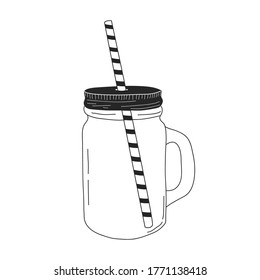 Glass mug with handle in linear style. hand drawing, doodle. A tube for juice. vector illustration.