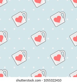 glass or mug with heart cartoon object seamless pattern on blue background, vector illustration