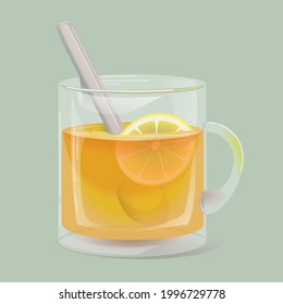 Un tazón de vidrio con té caliente y un trozo de limón. Ilustración vectorial al estilo de las caricaturas.