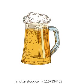Glass mug of lager beer with foam isolated on white background. Hand drawn line art stock vector illustration sketch