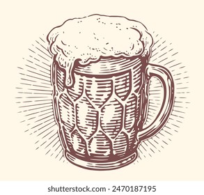 Glass mug of lager foamy beer. Alcoholic drink. Hand drawn sketch vector illustration for pub or restaurant menu