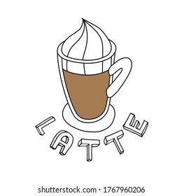 Glass mug with latte coffee with cream.