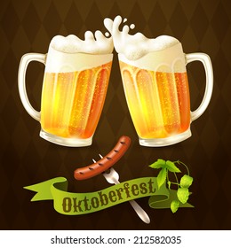 Glass mug of light beer with sausage and hop branch Oktoberfest poster vector illustration.