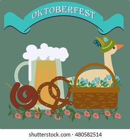 Glass mug of light beer with sausage and pretzel. A  goose in the Tyrolean hat, sitting in a basket with flowers. Oktoberfest poster vector illustration. Text OKTOBER FEST on a blue ribbon.