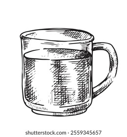 glass mug with milk. Vector illustration in sketch style. farm products, vintage