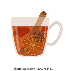 Glass mug with Mulled wine with anise, cinnamon, berries, orange isolated on white background. Traditional fall and winter drink icon. Christmas beverage vector illustration. Autumn hot spicy sangria.