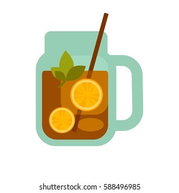 Glass mug of tea with lemons and herbs, straw in cup isolated on white. Vector illustration in flat design of non alcoholic beverage in transparent teapot. Tea time template logotype in flat style