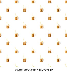 Glass mug with tea pattern seamless repeat in cartoon style vector illustration