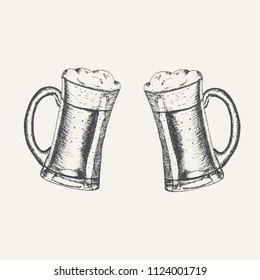 Glass mugs with beer and beer foam overflowing over the edge isolated on white background. Hand drawn sketch in vintage engraving style. Light Alcohol Drink. Vector illustration for Oktoberfest