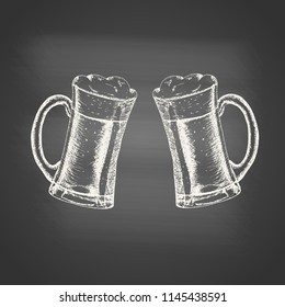 Glass mugs with beer and beer foam overflowing over the edge - chalk drawing on the blackboard. Hand drawn sketch in vintage engraving style. Light Alcohol Drink. Vector illustration for Oktoberfest