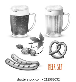 Glass mugs of beer hop pretzel and sausage snacks black and white decorative set vector illustration. 