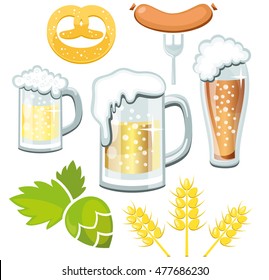 Glass mugs of beer pretzel and hop branch