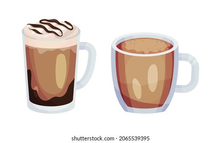 Glass mugs of coffee set. Tasty hot beverages assortment vector illustration