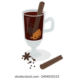 Glass of mulled red wine. Illustration of alcoholic drink with spices and slice of orange isolated on white background