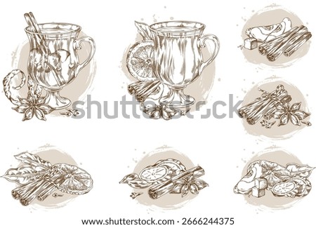 Glass of mulled wine with apples, orange, ginger, mistletoe berries, cinnamon rolled sticks, sketch vector set. Cozy Christmas holidays composition