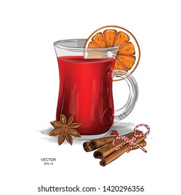 a glass of mulled wine. Christmas composition with cinnamon, star anise and fir branches. Vector illustration