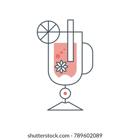 Glass of mulled wine with cinnamon, anise and slice of orange. Traditional warming winter drink. Tasty alcoholic beverage. Isolated linear vector design
