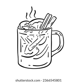 A glass of mulled wine with citrus fruits and a cinnamon stick. Vector illustration in doodle style