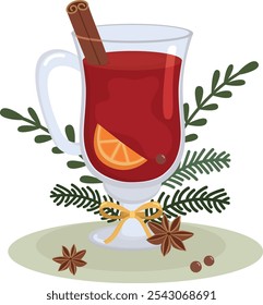 Glass of mulled wine is decorated with a bow and fir branches. Cute illustration of hot drink, spices and christmas decorations