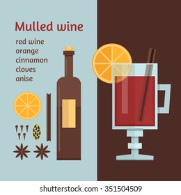 Glass of mulled wine and ingredients for cooking. Vector illustration, flat style.