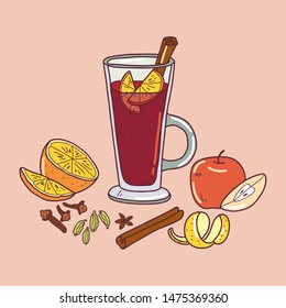 Glass of mulled wine with mulling spices. Illustration traditional hot drink at Christmas time. Autumn and winter holidays. Hand-drawn illustration.