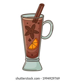 A glass of mulled wine with orange, cinnamon and star anise. A hot, warming drink. Design element with outline. Doodle, hand-drawn. Flat design.Color vector illustration. Isolated on white background
