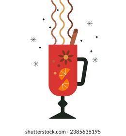 Glass of mulled wine with orange fruit, star anise and cinnamon stick on white background. Hot wine. Spicy and healthy warm winter drink. Vector illustration. Flat trendy abstract style.